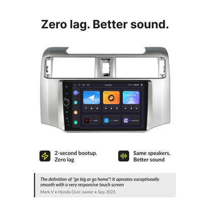 Zero lag and better sound performance on 9-inch Android head unit for Toyota 4Runner 2009-2023 with 2-second boot-up and OEM speaker support.
