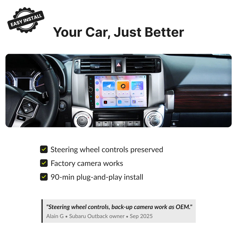 Toyota 4Runner 2009-2023 Android head unit with preserved steering wheel controls, factory camera support, and 90-minute plug-and-play install.