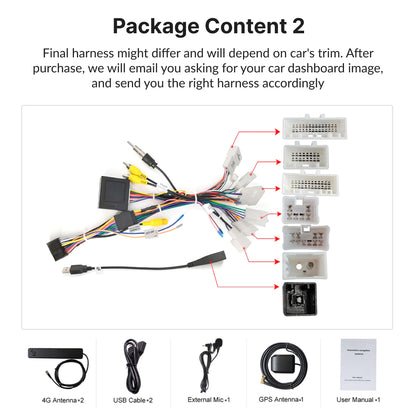 Package contents for Toyota Aurion 2012-2014 Android Head Unit including harnesses, antennas, cables, mic, and user manual.