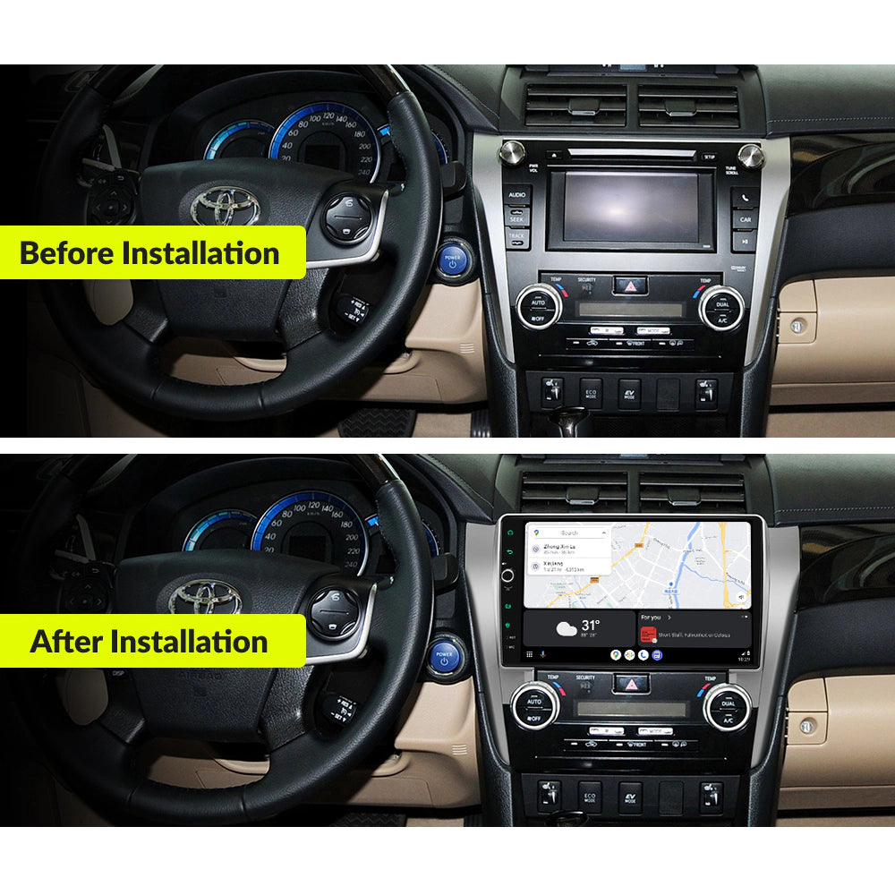 Before and after installation comparison of Toyota Aurion 2012-2014 dashboard with 10.1” Premium Android Head Unit upgrade.