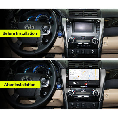 Before and after installation comparison of Toyota Aurion 2012-2014 dashboard with 10.1” Premium Android Head Unit upgrade.