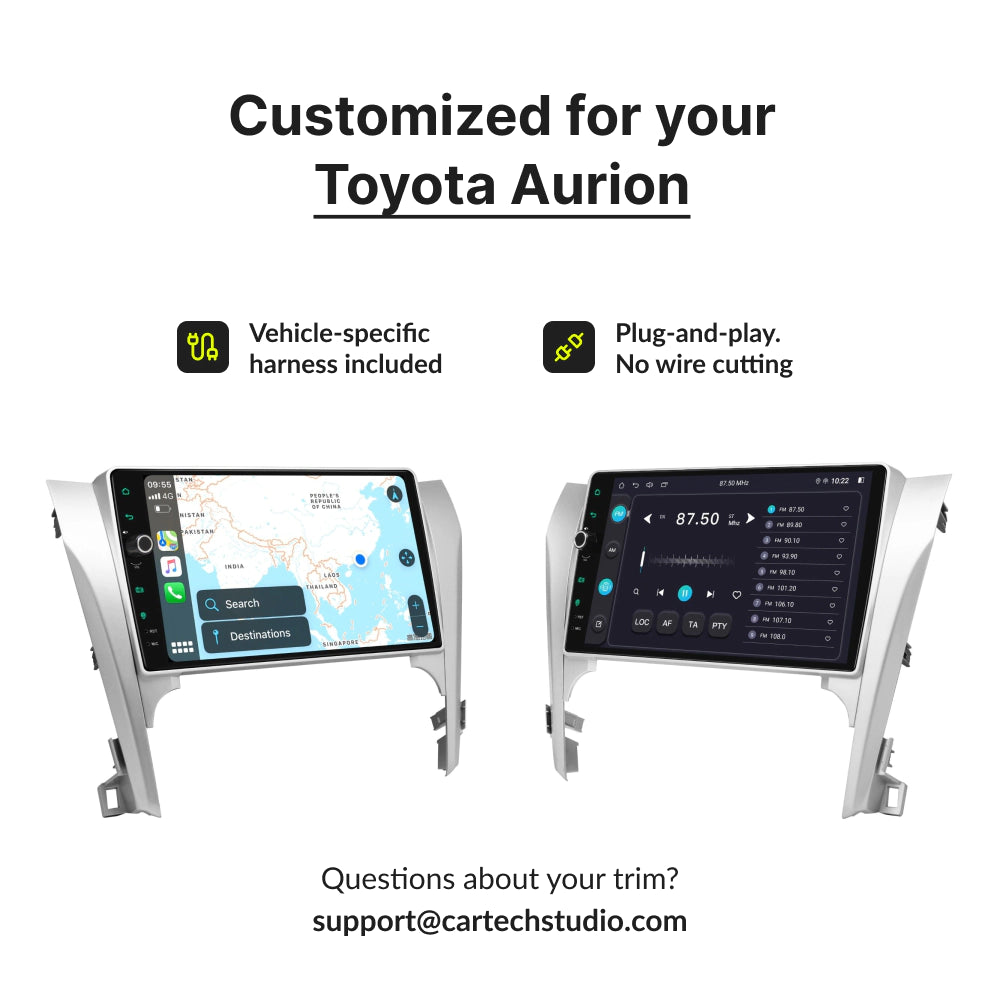Customized 10.1” Android Head Unit for Toyota Aurion 2012-2014 with vehicle-specific harness and plug-and-play installation.