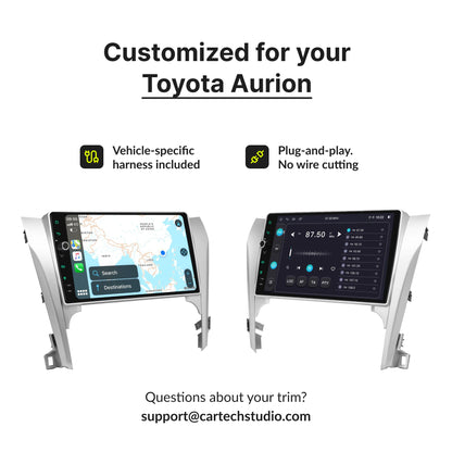 Customized 10.1” Android Head Unit for Toyota Aurion 2012-2014 with vehicle-specific harness and plug-and-play installation.