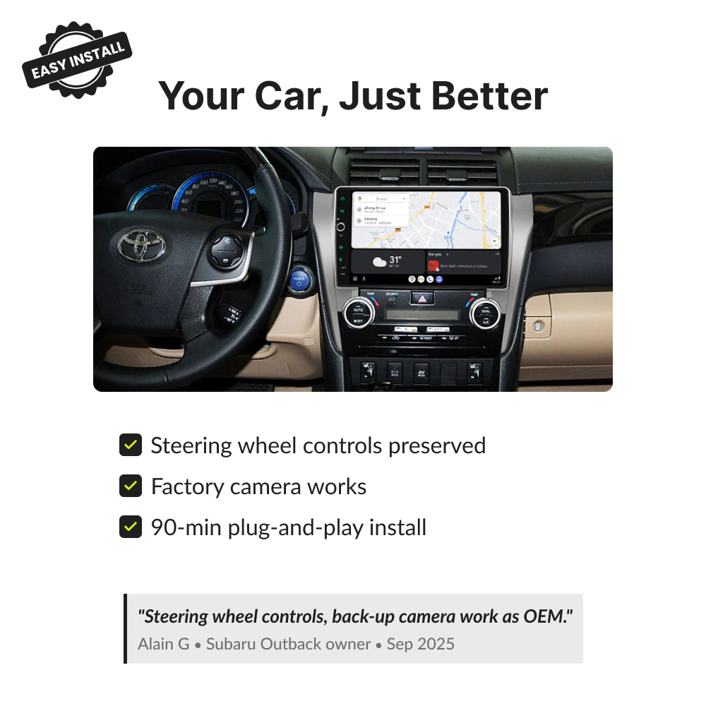 Toyota Aurion 2012-2014 Android Head Unit preserves steering wheel controls, supports factory camera, and installs in 90 minutes.