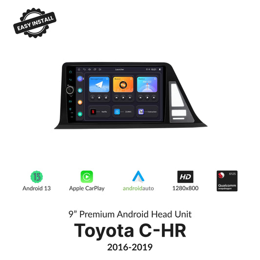 Toyota C-HR 2016-2019 9" Wireless CarPlay Android Head Unit with Android 13, HD display, and Qualcomm processor for seamless in-car entertainment.
