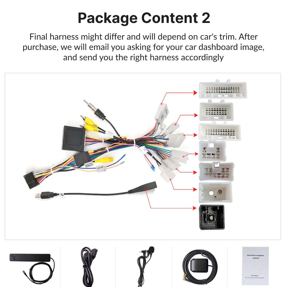 Package contents for Toyota Camry 2012-2014 Android Head Unit include custom wiring harness, USB cables, GPS antenna, and installation guide.