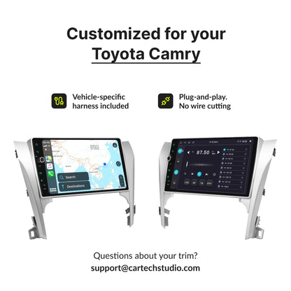 Customized 10.1” Android Head Unit for Toyota Camry 2012-2014 with plug-and-play harness and no wire cutting required for easy installation.