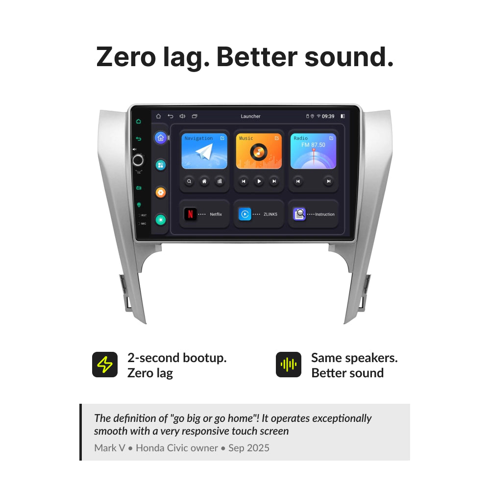 Zero lag and better sound quality with 10.1” Premium Android Head Unit for Toyota Camry 2012-2014, featuring 2-second boot time and HD display.