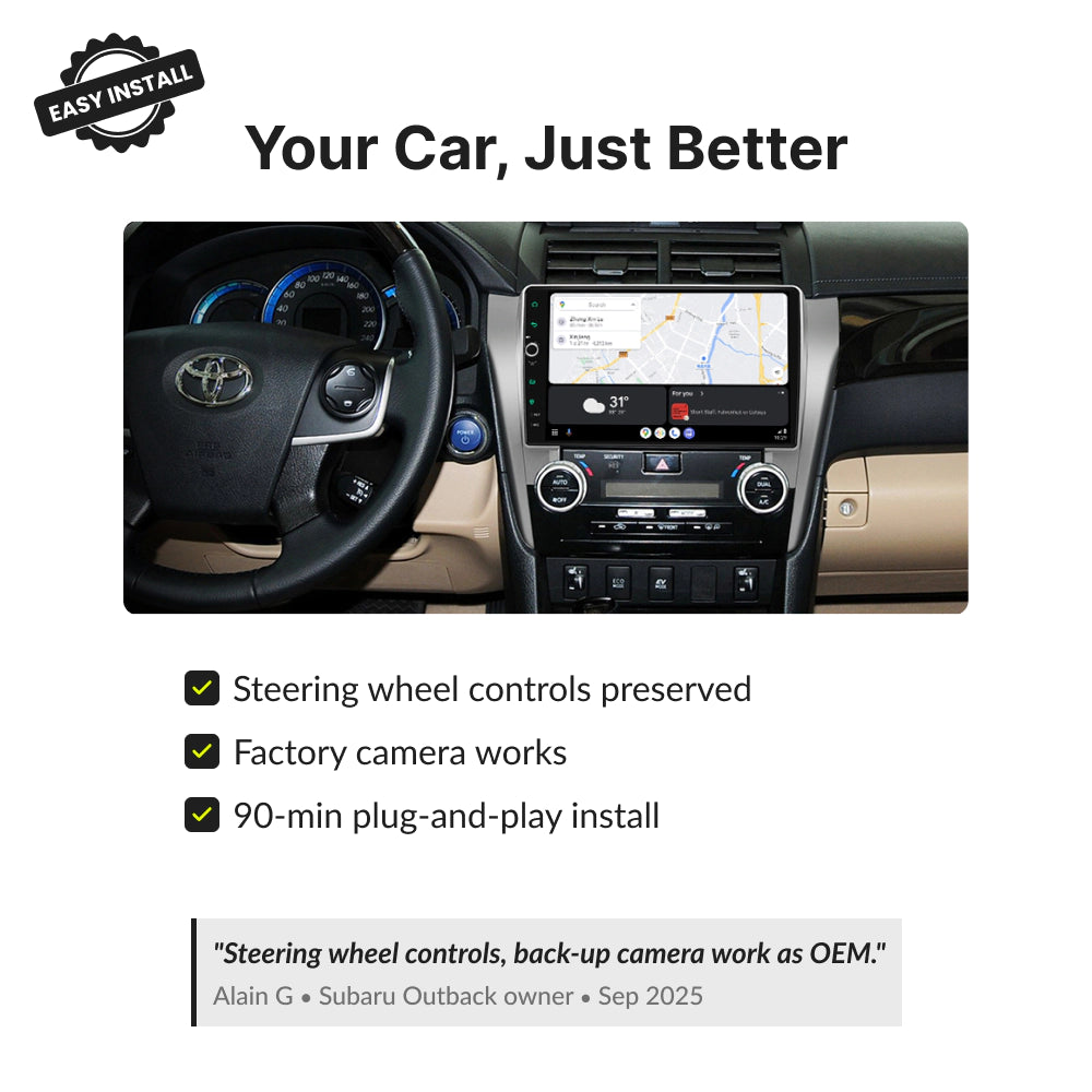 Toyota Camry 2012-2014 Android Head Unit preserves steering wheel controls and factory camera with 90-minute plug-and-play installation.