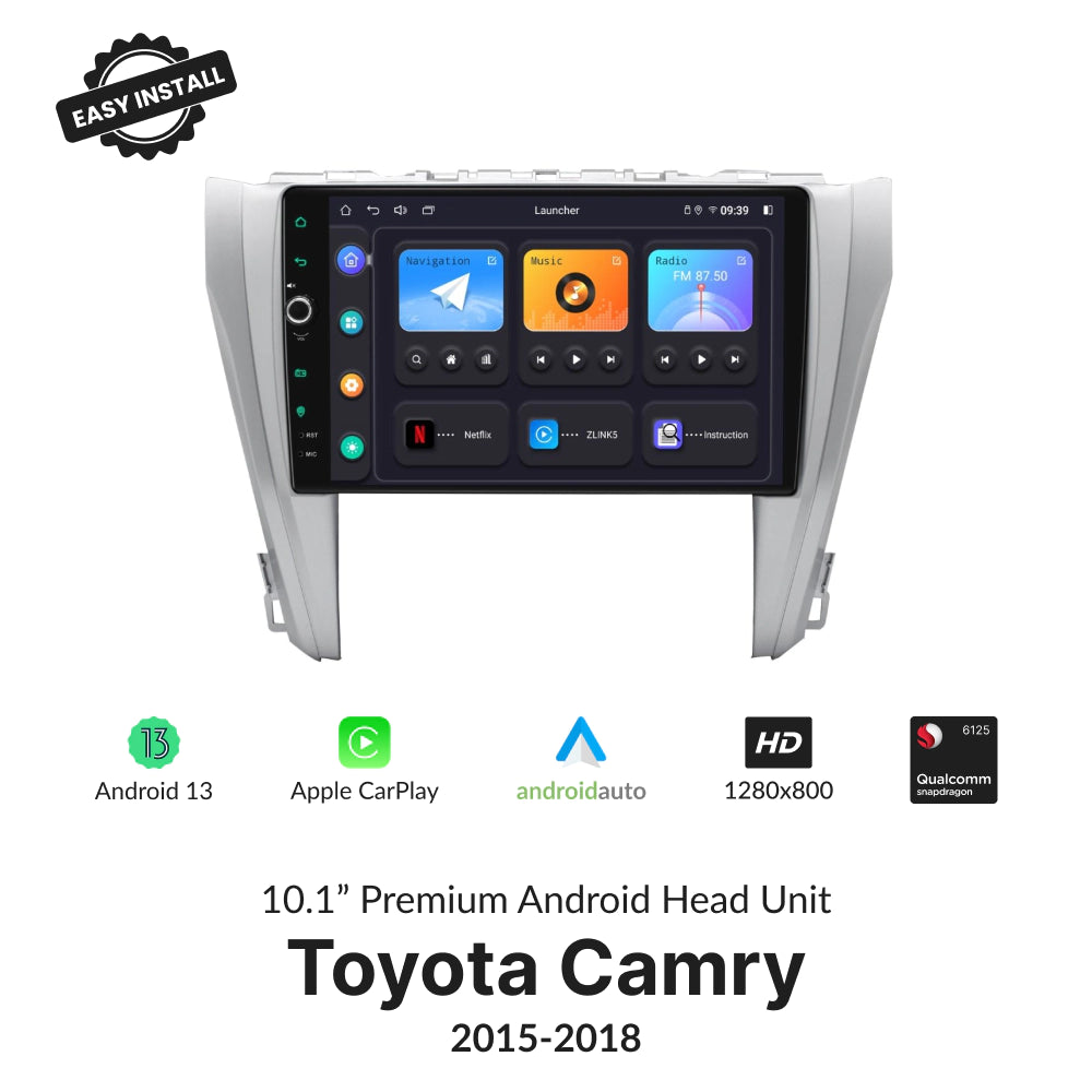 Toyota Camry 2015-2018 10.1” Wireless CarPlay Android Head Unit with Android 13, HD display, and Qualcomm processor for seamless in-car entertainment.
