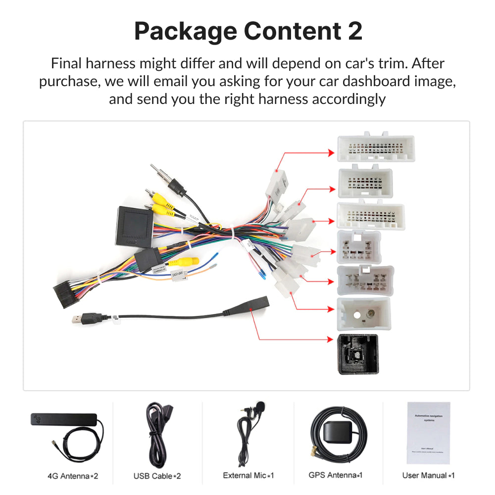 Package contents for Toyota Camry 2015-2018 10.1” Wireless CarPlay Android Head Unit including harness, antennas, cables, and user manual.
