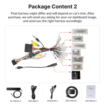 Package contents for Toyota Camry 2015-2018 10.1” Wireless CarPlay Android Head Unit including harness, antennas, cables, and user manual.