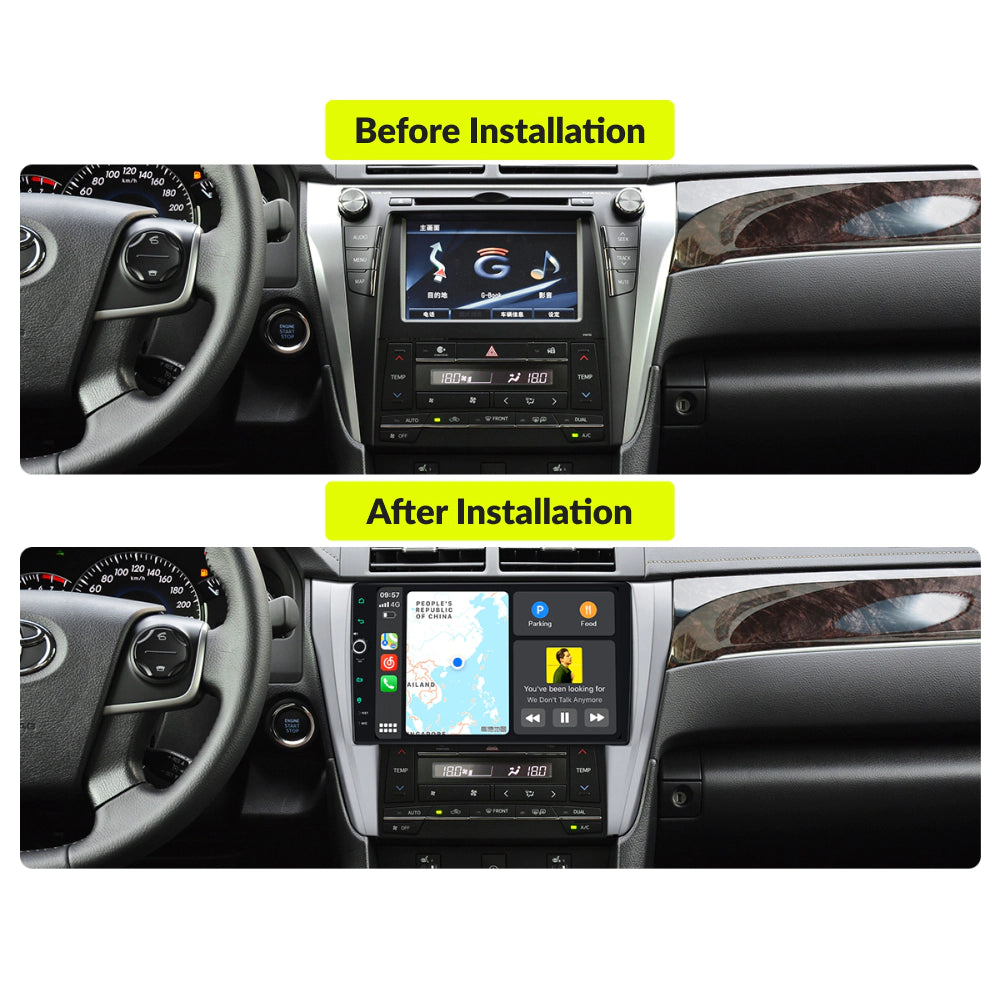 Before and after installation comparison of Toyota Camry 2015-2018 dashboard with 10.1” Wireless CarPlay Android Head Unit upgrade.