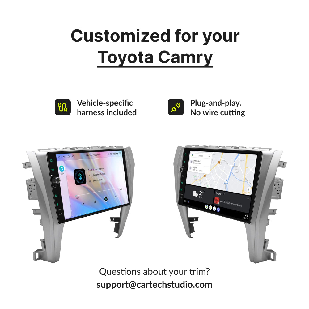 Custom-fit 10.1” Wireless CarPlay Android Head Unit for Toyota Camry 2015-2018 with plug-and-play harness and no wire cutting required.