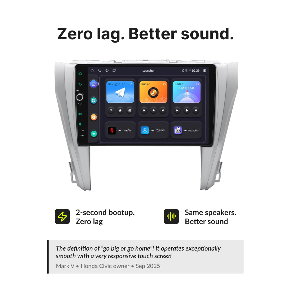 Zero lag and better sound on Toyota Camry 2015-2018 10.1” Wireless CarPlay Android Head Unit with 2-second boot time and OEM speaker support.
