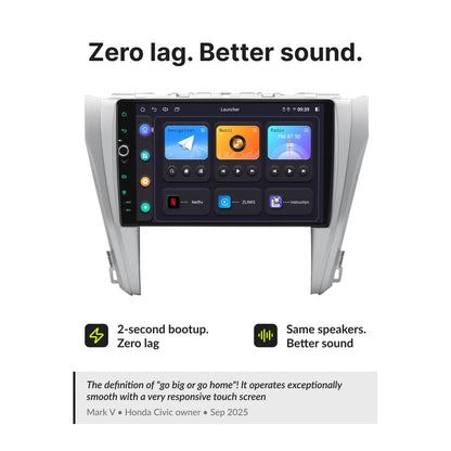 Zero lag and better sound on Toyota Camry 2015-2018 10.1” Wireless CarPlay Android Head Unit with 2-second boot time and OEM speaker support.