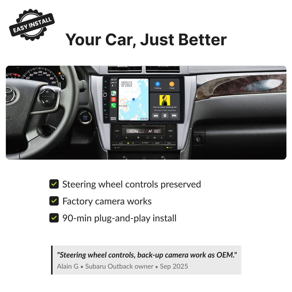 Toyota Camry 2015-2018 10.1” Wireless CarPlay Android Head Unit retains steering wheel controls, factory camera, and installs in 90 minutes.