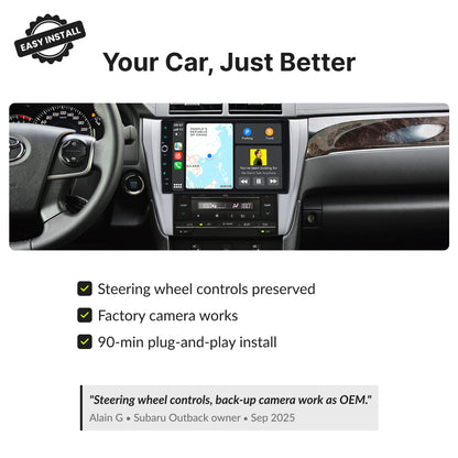Toyota Camry 2015-2018 10.1” Wireless CarPlay Android Head Unit retains steering wheel controls, factory camera, and installs in 90 minutes.