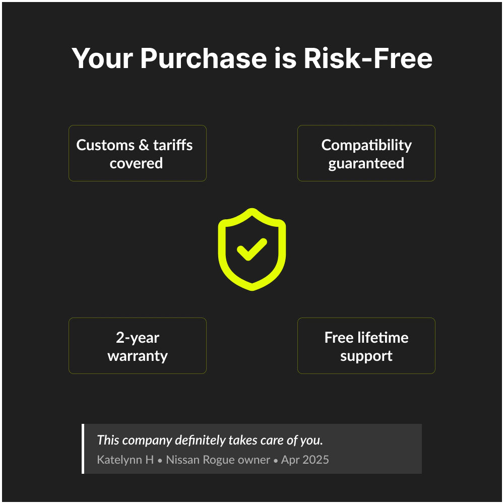 Risk-free purchase of Toyota Camry 2015-2018 10.1” Wireless CarPlay Android Head Unit with 2-year warranty, free support, and compatibility guarantee.