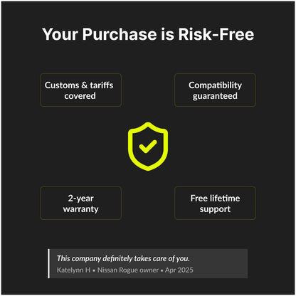 Risk-free purchase of Toyota Camry 2015-2018 10.1” Wireless CarPlay Android Head Unit with 2-year warranty, free support, and compatibility guarantee.