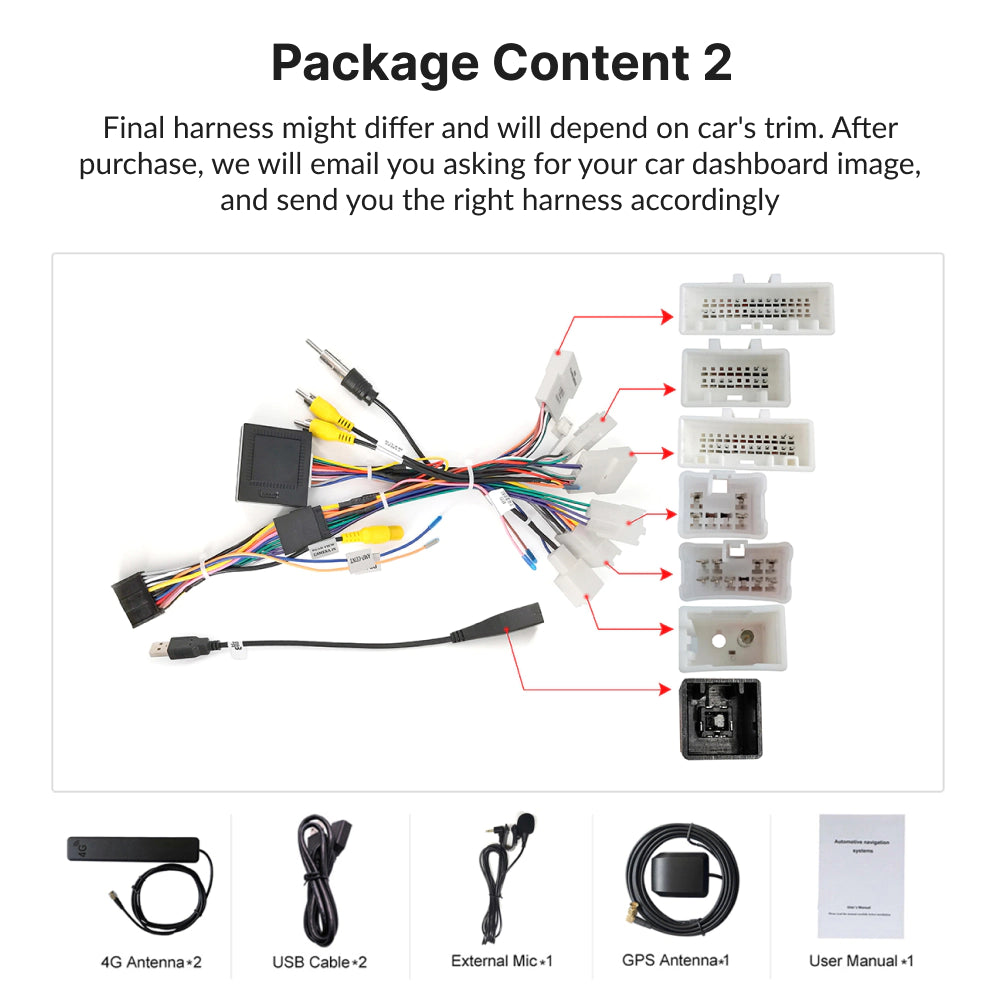 Package contents for Toyota Corolla 9” Android Head Unit include harnesses, antennas, cables, mic, and user manual tailored to trim.