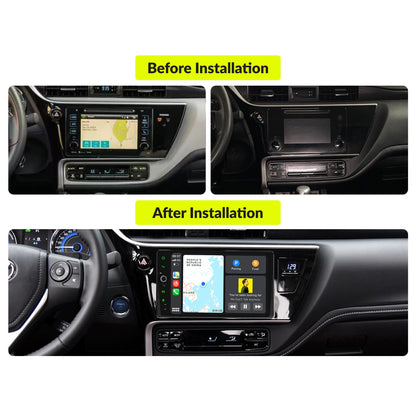 Before and after installation of 9” Wireless CarPlay Android Head Unit in Toyota Corolla 2017-2019, showing modernized dashboard interface.