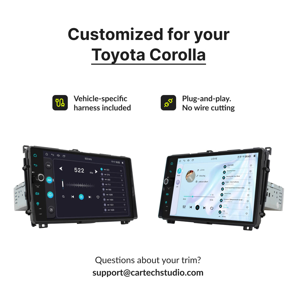 Customized 9” Android Head Unit for Toyota Corolla 2017-2019 with plug-and-play harness and no wire cutting required for easy installation.