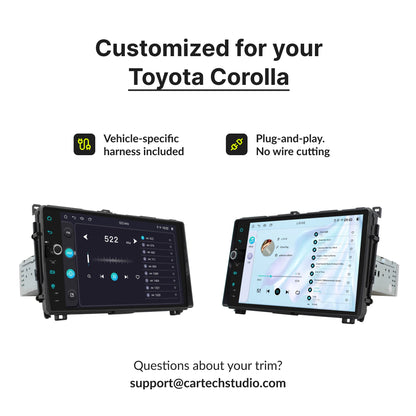 Customized 9” Android Head Unit for Toyota Corolla 2017-2019 with plug-and-play harness and no wire cutting required for easy installation.