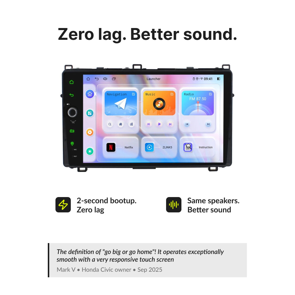 Zero lag and better sound quality on 9” Wireless CarPlay Android Head Unit for Toyota Corolla 2017-2019 with 2-second boot time.