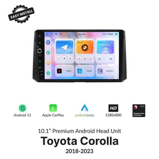 Toyota Corolla 2018-2023 10.1” Wireless CarPlay Android Head Unit with HD touchscreen, Android 13, and Apple CarPlay support.