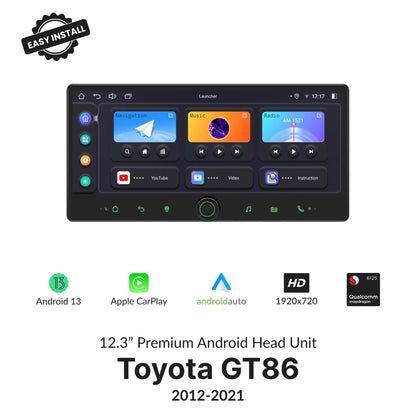 Toyota GT86 2012-2021 12.3” Premium Android Head Unit with wireless CarPlay, Android Auto, and HD display, featuring Android 13 OS.