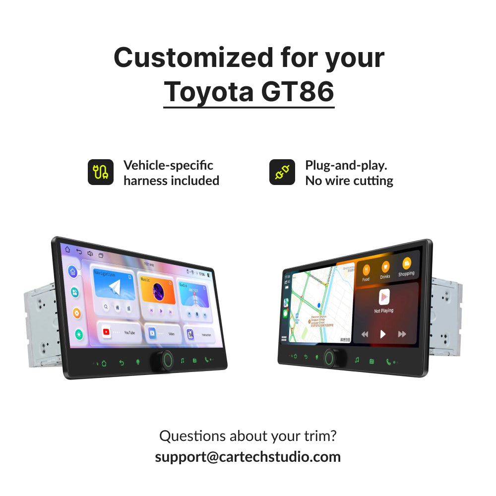 Customized 12.3” Android Head Unit for Toyota GT86 2012-2021 with plug-and-play harness, no wire cutting required for easy installation.