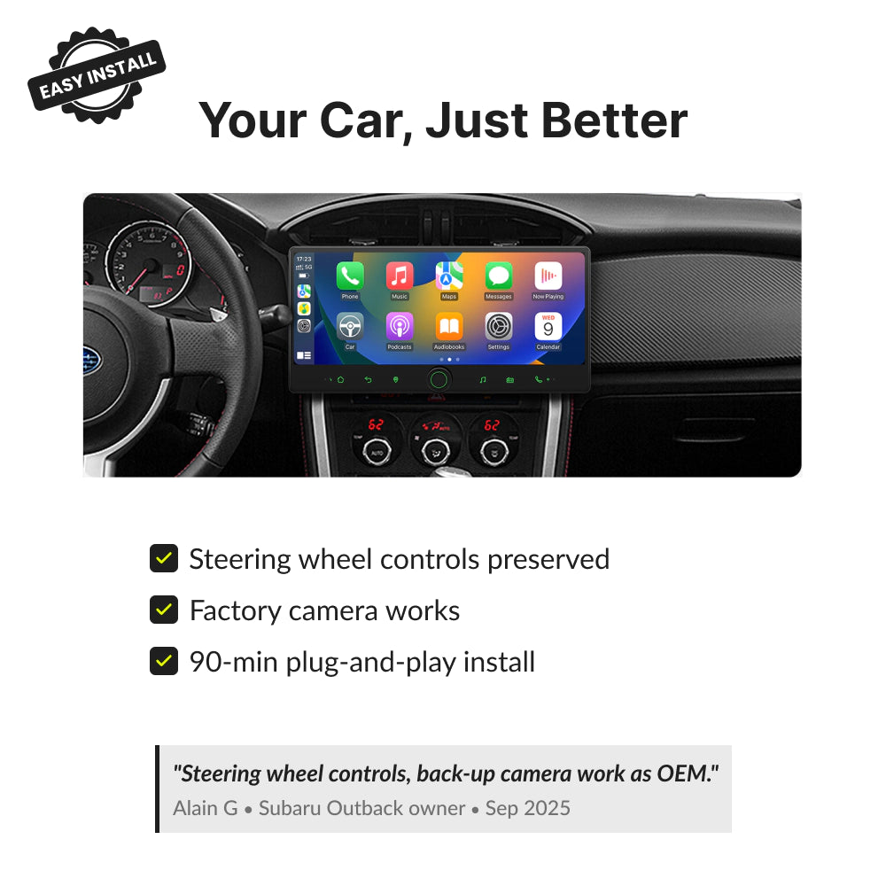 Toyota GT86 2012-2021 12.3” Android Head Unit retains steering wheel controls and factory camera, with 90-minute plug-and-play install.