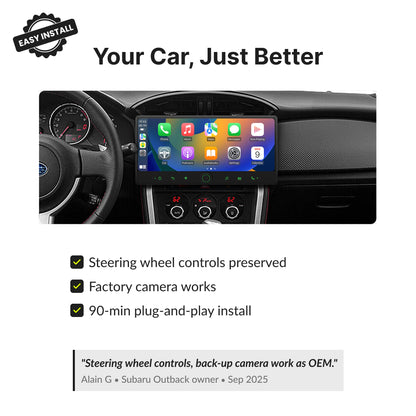 Toyota GT86 2012-2021 12.3” Android Head Unit retains steering wheel controls and factory camera, with 90-minute plug-and-play install.