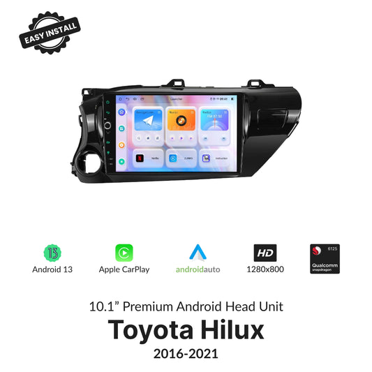 Toyota Hilux 2016-2021 10.1” wireless CarPlay Android head unit with Android 13, HD display, and Qualcomm processor for seamless in-car tech upgrade.