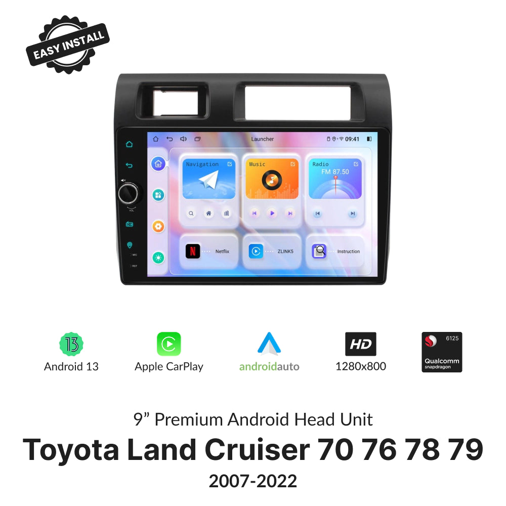 Toyota Land Cruiser 70 76 78 79 2007-2022 CarPlay Android Head Unit with 9-inch touchscreen, Android 13, Apple CarPlay, and Qualcomm chip.