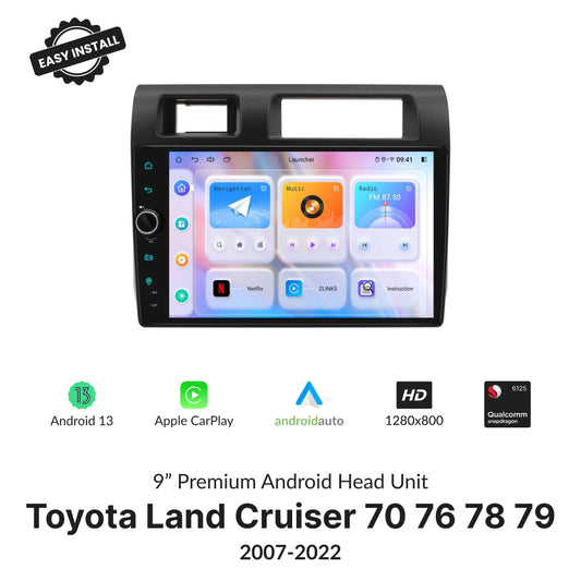 Toyota Land Cruiser 70 76 78 79 2007-2022 CarPlay Android Head Unit with 9-inch touchscreen, Android 13, Apple CarPlay, and Qualcomm chip.
