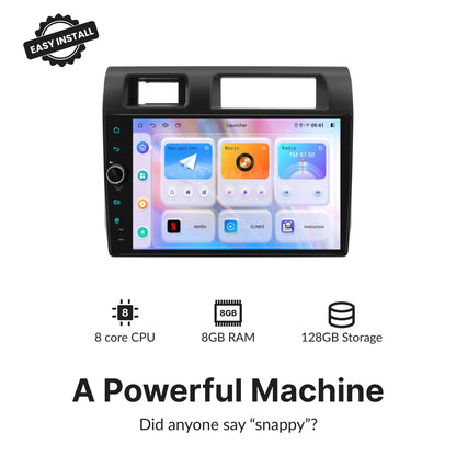 High-performance 9” Android Head Unit for Toyota Land Cruiser with 8-core CPU, 8GB RAM, and 128GB storage for smooth operation.