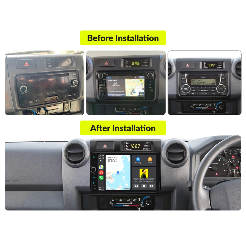Before and after installation comparison of 9” CarPlay Android Head Unit in Toyota Land Cruiser 70 76 78 79 Series 2007-2022 dashboard.