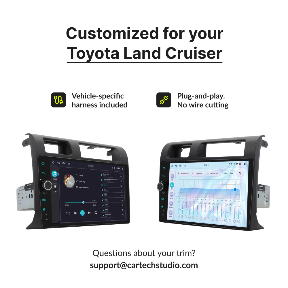 Custom-fit 9” Android Auto Head Unit for Toyota Land Cruiser 70 76 78 79 with plug-and-play wiring harness and no wire cutting required.