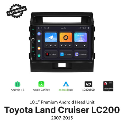 Toyota Land Cruiser LC200 2007-2015 10.1” CarPlay Android Head Unit with Android 13, HD display, and Qualcomm processor.