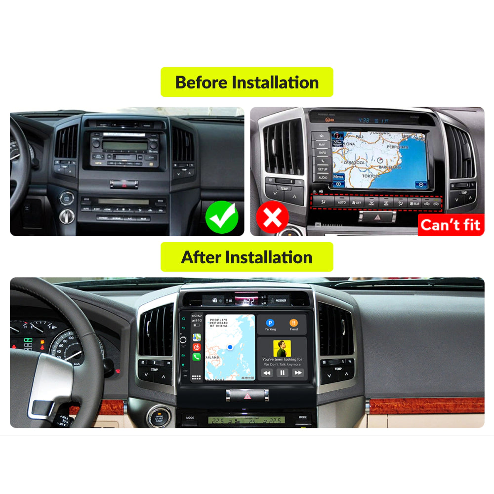 Before and after installation comparison of 10.1” CarPlay Android Head Unit in Toyota Land Cruiser LC200 2007-2015 dashboard.