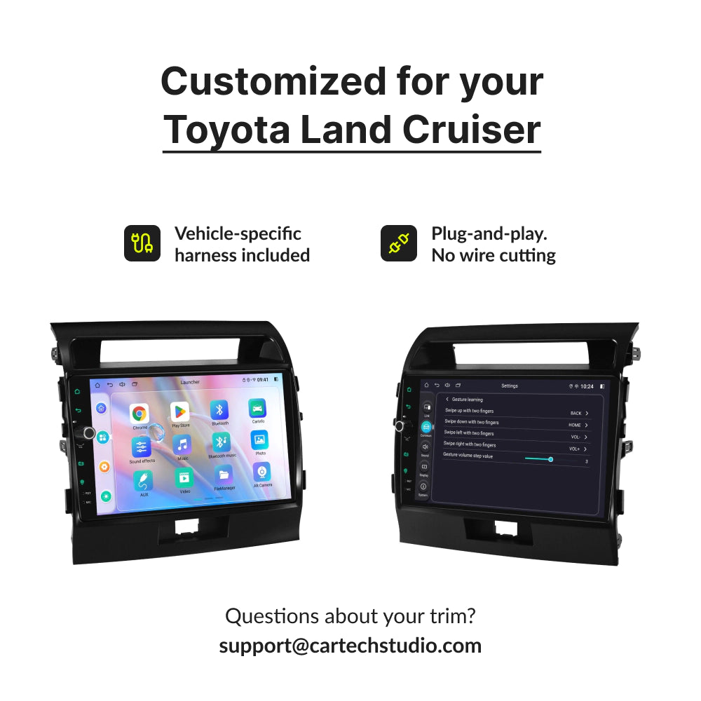 Customized 10.1” Android Head Unit for Toyota Land Cruiser LC200 with plug-and-play harness and no wire cutting required.