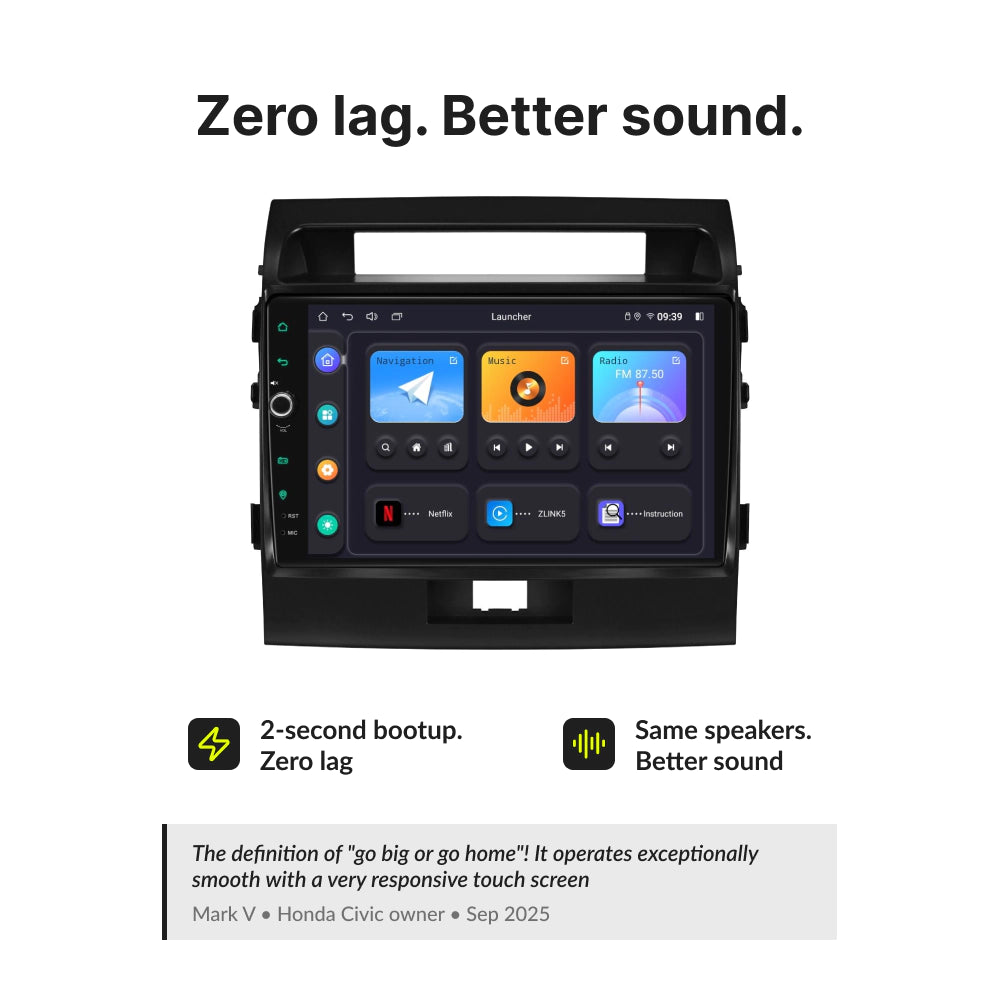 Zero lag and better sound quality on 10.1” CarPlay Android Head Unit for Toyota Land Cruiser LC200 with 2-second bootup.