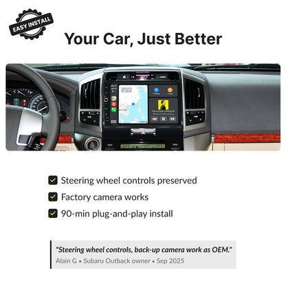 Toyota Land Cruiser LC200 10.1” Android Head Unit preserves steering wheel controls and factory camera with easy install.