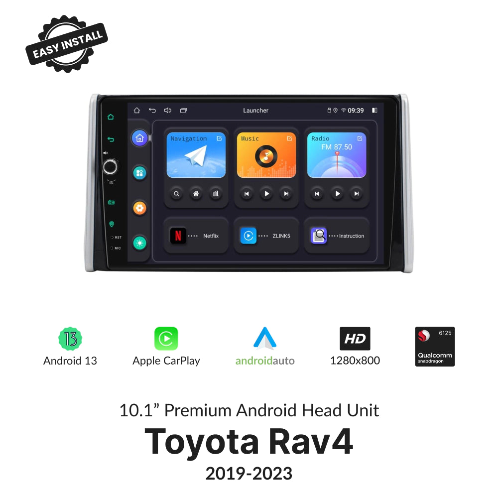 Toyota Rav4 2019-2023 10.1” Wireless CarPlay Android Head Unit with HD touchscreen, Android 13, and Qualcomm processor.