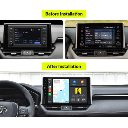 Before and after installation comparison of 10.1” Premium Android Head Unit in Toyota Rav4 2019-2023, showing upgraded interface.