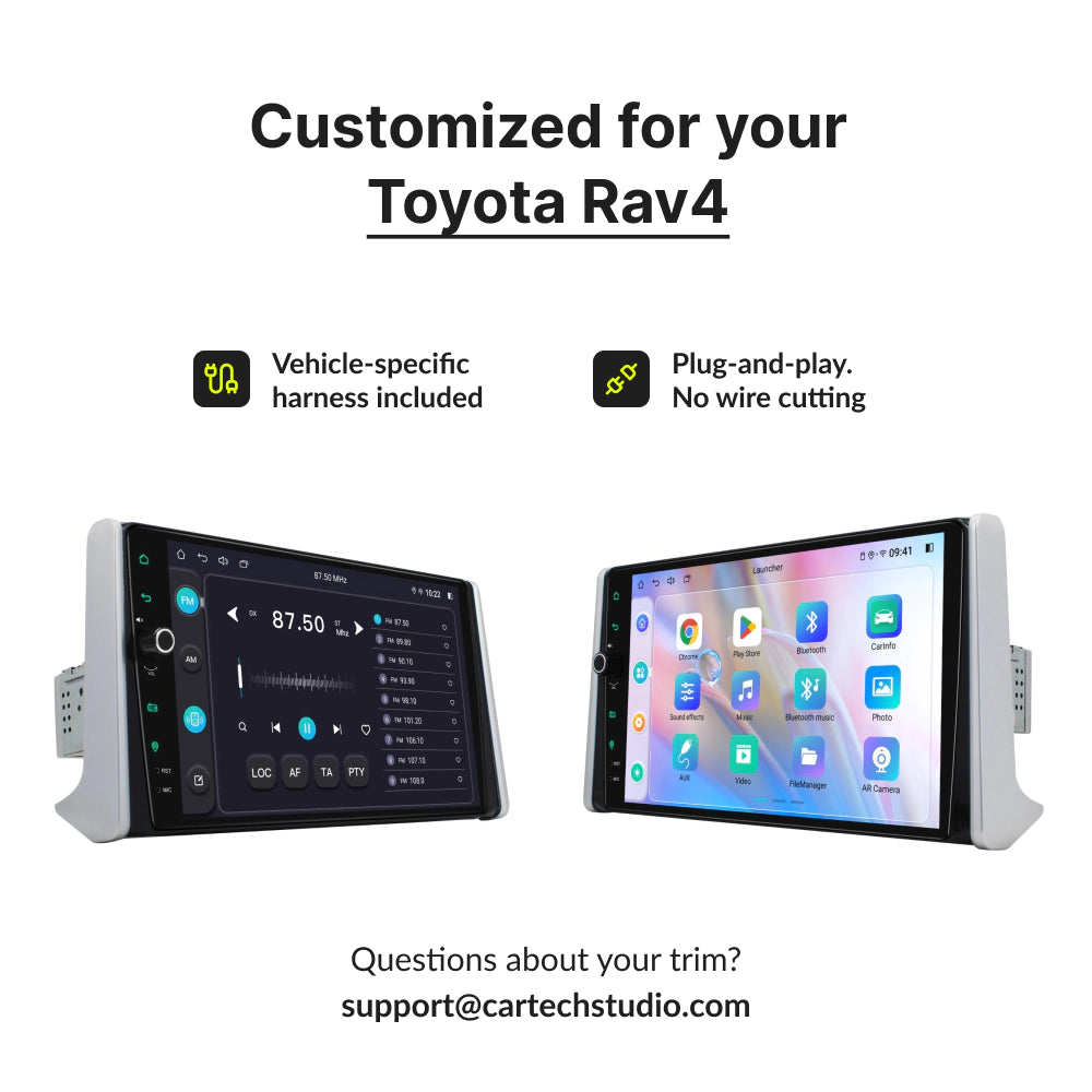 Side views of Toyota Rav4 2019-2023 10.1” Android Head Unit with plug-and-play harness and vehicle-specific customization.