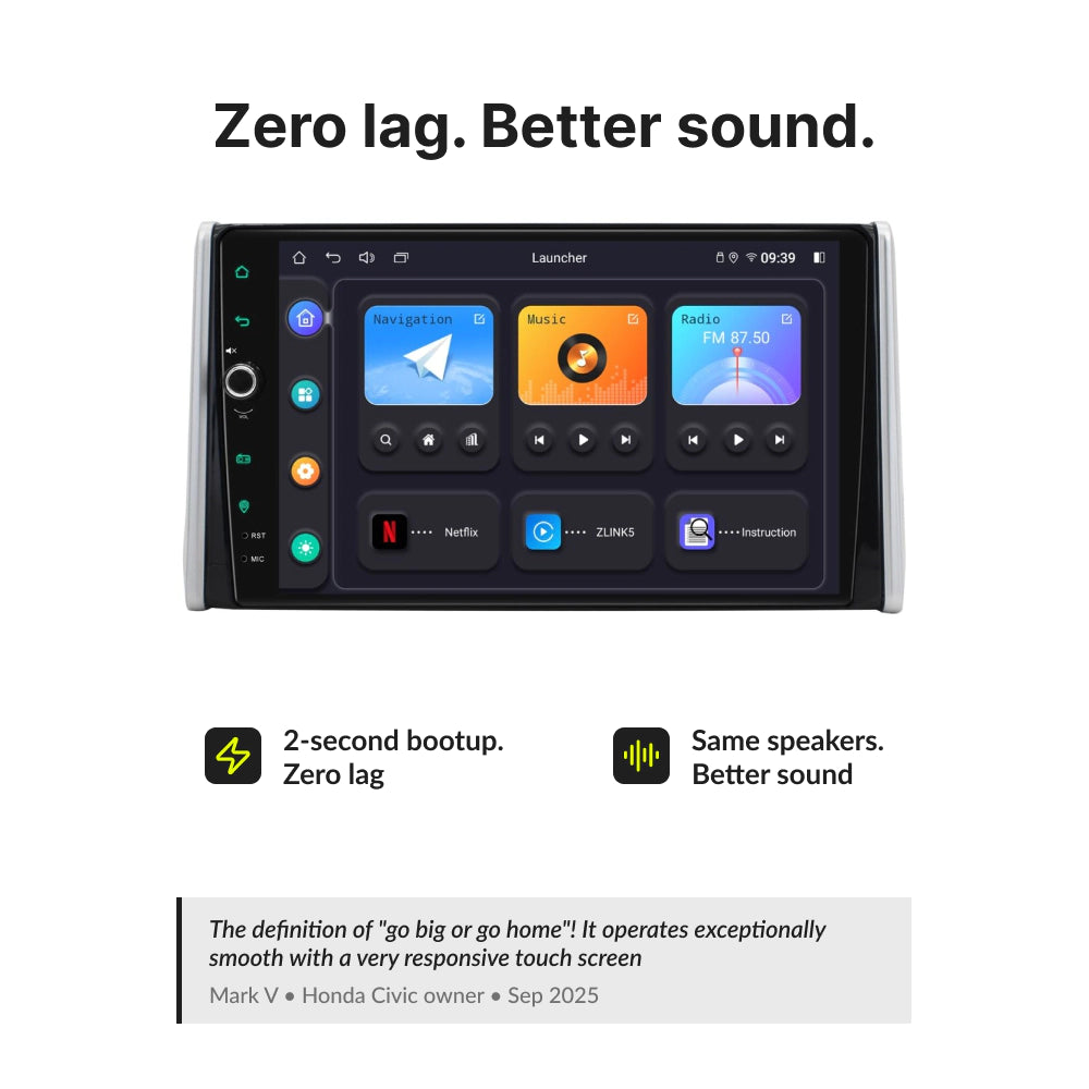 Toyota Rav4 2019-2023 Android Head Unit with zero lag, 2-second boot time, and enhanced audio using factory speakers.