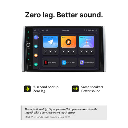 Toyota Rav4 2019-2023 Android Head Unit with zero lag, 2-second boot time, and enhanced audio using factory speakers.